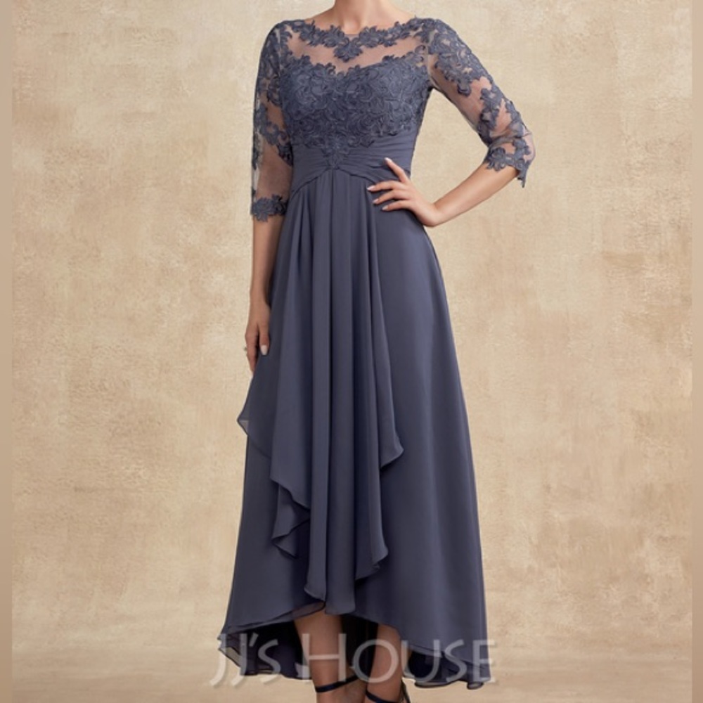 A-Line Scoop Illusion Asymmetrical Chiffon Lace Dress With Cascading Ruffles